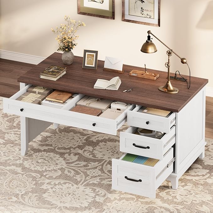 53.5" Executive Desk with Power Outlet, Home Office Desk with Drawers, Wooden Work Desk with File Cabinet, Computer Desk for Work, Study, Writing, White and Brown
