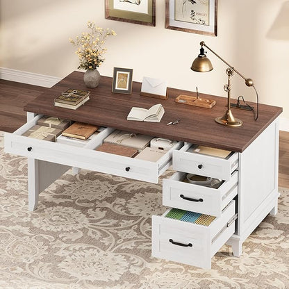 53.5" Executive Desk with Power Outlet, Home Office Desk with Drawers, Wooden Work Desk with File Cabinet, Computer Desk for Work, Study, Writing, White and Brown