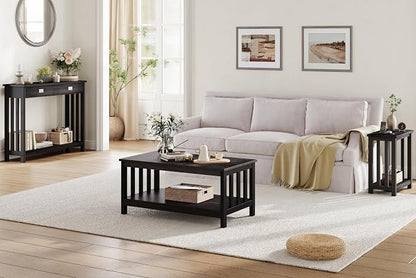 ChooChoo Mission Coffee Table, Black Wood Living Room Table with Shelf, 47 inch