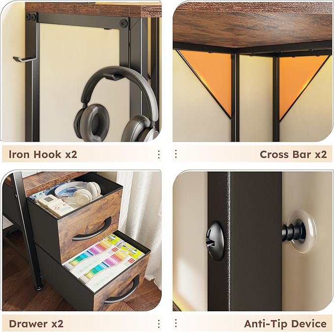 Corner Desk,35.4" W x 63" H Office Desk and Computer Desk with Hutch & LED Lights，Gaming Desk with Storage Drawers & Shelves and Hook for Small Space,Rustic Brown