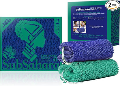 SubSahara Authentic African Net Sponge - 2 Pack Exfoliating Bath & Shower Loofah Sponge for Body & Face, Gentle Scrubber for All Skin Types, Travel, Durable (Dark Blue & Forest Green)
