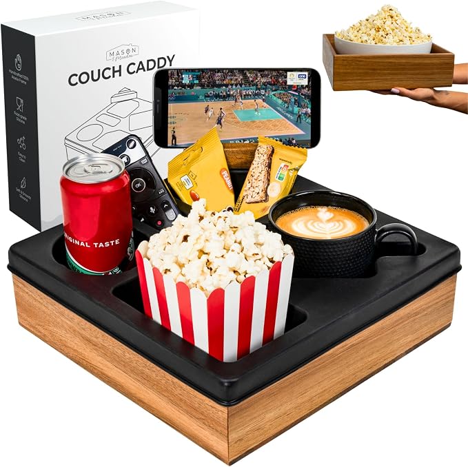 Silicone Couch Cup Holder Tray – Handy Silicone Acacia Couch Caddy with Cup Holder & Phone Stand – Waterproof Anti-Spill Snack & Bed Caddy Organizer Sofa Tray for Drinks, Snacks, & Remotes (Black)