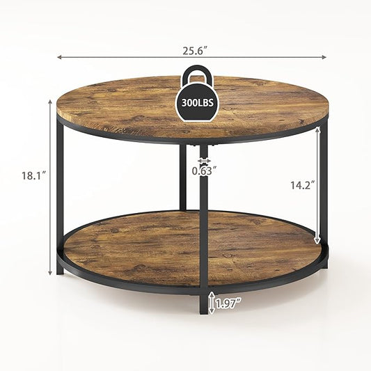 NSdirect Round Coffee Table, 25.6" Small Coffee Table for Living Room,2-Tier Rustic Wood Desktop with Storage Shelf Modern Design Home Furniture(Brown)