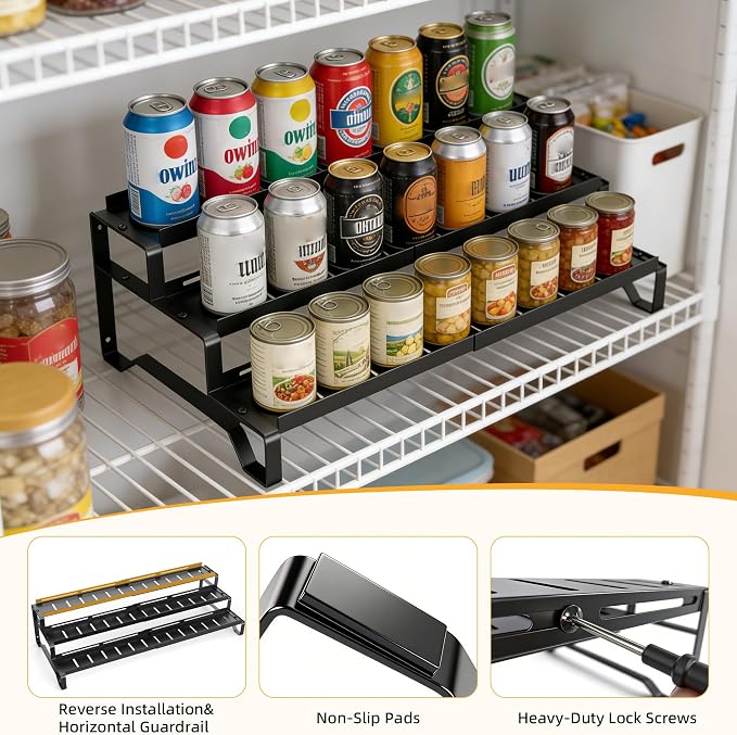 Attelite 3 Tier Expandable Can Rack Organizer for Pantry, Adjustable 13"-21" Metal Soda Can Organizer, Pantry Organization Canned Food Storage Holder for Kitchen Cabinet Countertop, Black 2Pack