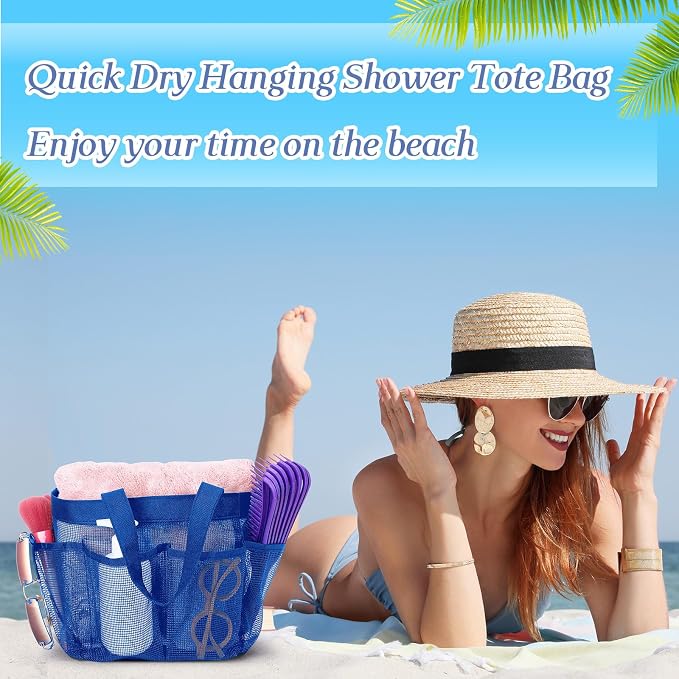 Hillban 4 Pcs Mesh Shower Caddy Portable Shower Caddy for Dorm Beach Mesh Bags with Deeper 8 Pockets and Handles Showers Caddies Basket for Women College Room Vacation(Navy Blue)
