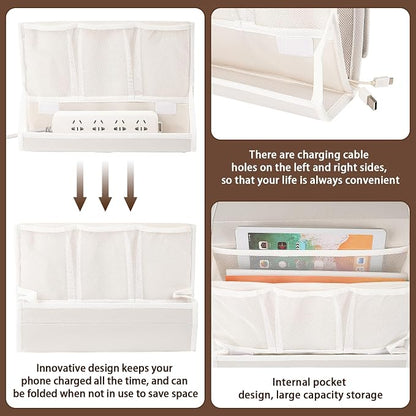 Bedside Caddy Bedside Storage Organizer Bedside Organizer with Power Strip Holder and 2 Adjustable Straps for Home Bunk Bed College Dorm Sofa (White)