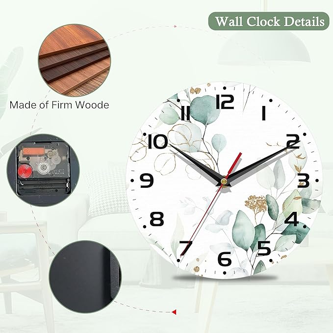 Wall Clocks Battery Operated,Eucalyptus Leaf Clock for Living Room,Decorative Wall Clock for Living Room,Bedroom,Bathroom,Kitchen,10 Inch