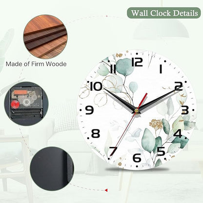 Wall Clocks Battery Operated,Eucalyptus Leaf Clock for Living Room,Decorative Wall Clock for Living Room,Bedroom,Bathroom,Kitchen,10 Inch