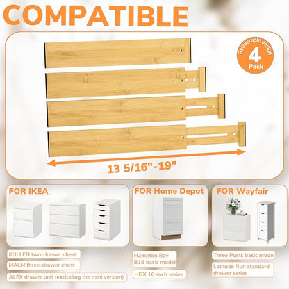 BAMEOS Bamboo Expandable Drawer Dividers – Fits 13.3"–19" Drawers, 2" High, Set of 4 | Spring-Loaded Bamboo Separator for Kitchen Island, Bathroom Vanity & Dresser Drawers