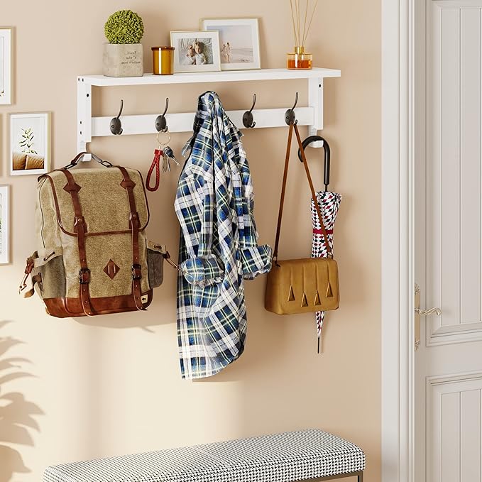 AMBIRD Coat Rack Wall Mount with Shelf, 28.9 Inches Coat Hooks Wall Mounted with 5 Hooks, Hat Wall Hooks for Hanging in Entryway, Living Room, Bathroom, Bedroom (White, 28.9 * 4.5 inches)