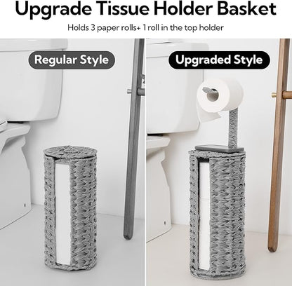 GRANNY SAYS Wicker Freestanding Toilet Paper Holder Stand with Storage, Modern Covered Toilet Paper Stand for 4 Rolls with Shelf for Wet Wipes, Tissue Holder for Bathroom Decor and RV, Gray