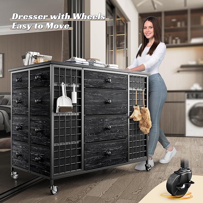 EnHomee 24 Drawers Black Dresser for Bedroom, Dressers & Chests of Drawers with 4 Wheels and 40“ * 23” Wide Wooden Top, Metal Frame, Organizer Island with Hooks for Bedroom, Cloakroom, Dressing Room
