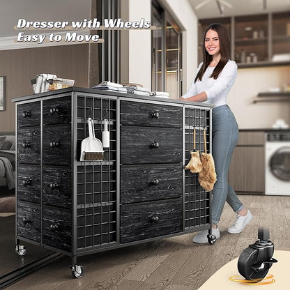 EnHomee 24 Drawers Black Dresser for Bedroom, Dressers & Chests of Drawers with 4 Wheels and 40“ * 23” Wide Wooden Top, Metal Frame, Organizer Island with Hooks for Bedroom, Cloakroom, Dressing Room
