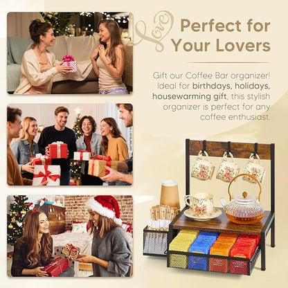 DGWJSU Tea Bag Organizer, Wood Tea Organizer and Storage Cheast, Tea Bag Holder with Storage Drawer, 4 Hooks for Tea Cups Holder, Tea Station Chest Display Container Box for Countertop Kitchen