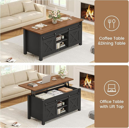 SEDETA Lift Top Coffee Table, Farmhouse Lift Tabletop Dining Table, Gas Spring, Hidden Compartment, Open Storage Shelf, for Living Room, Black Brown