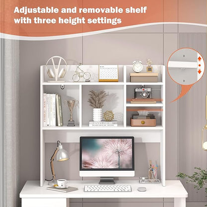 Desk Hutch with 6 Shelves, Desktop Bookshelf Organizer & Hutch Top for Desk, Over Desk Storage Shelf for Office, Home, Dorm | Space-Saving Design (White)