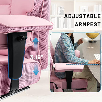 HOFFREE Big and Tall Office Chair 500lbs for Heavy People Executive Office Desk Chair with Wide Seat PU Leather Computer Chair with Adjustable Lumbar Support Pink