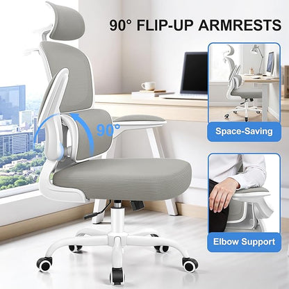 Ergonomic Office Chair, Mesh Desk Chair with Lumbar Support, High Back Home Office Chair with Adjustable Headrest and Flip-Up Arms, Comfortable Computer Chair, Thick Cushion, 300 LBS, LightGray