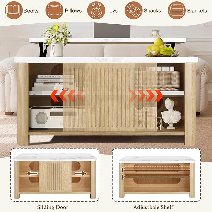 Lift Top Coffee Table with Storage, 31.5" Mid Century Modern Square Coffee Tables for Living Room, Large Hidden Storage Compartment, Adjustable Shelves & Sliding Door, Oak