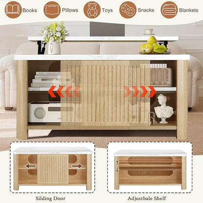 Lift Top Coffee Table with Storage, 31.5" Mid Century Modern Square Coffee Tables for Living Room, Large Hidden Storage Compartment, Adjustable Shelves & Sliding Door, Oak