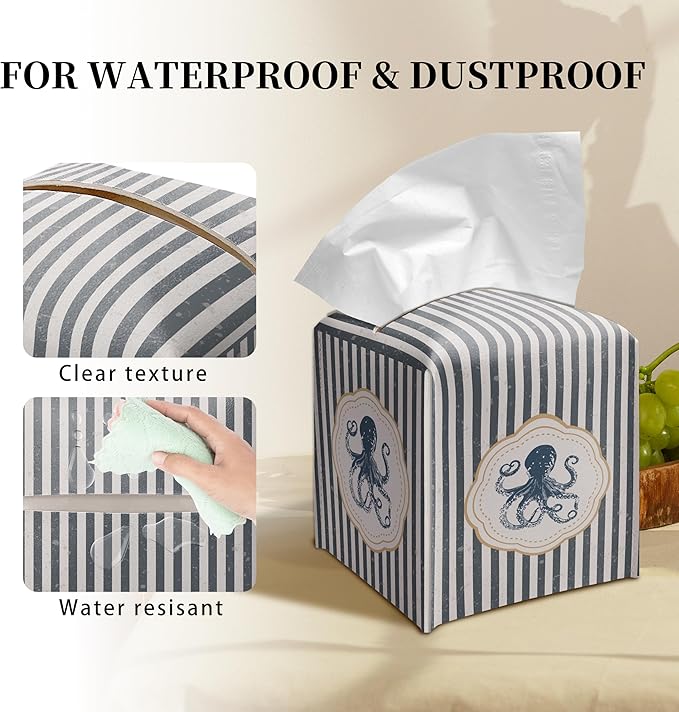 Grace Yonks Cute Octopus Tissue Box Cover Square, Striped Cube Case for Facial Tissues, 5.2" PU Leather(066)