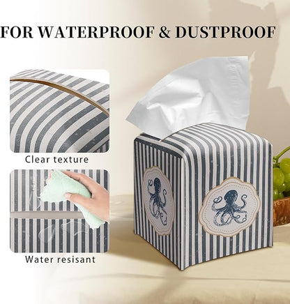 Grace Yonks Cute Octopus Tissue Box Cover Square, Striped Cube Case for Facial Tissues, 5.2" PU Leather(066)