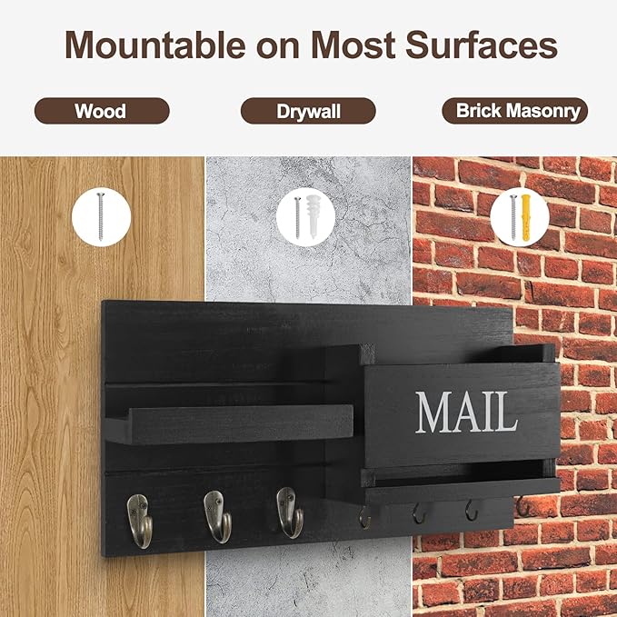 Mail Organizer for Wall Mount – Key Holder with Shelf Includes Letter Holder and Hooks for Hallway Farmhouse Decor – Rustic Wood with Flush Mounting Hardware (16.5” x 9.1” x 3.4”) (Black)