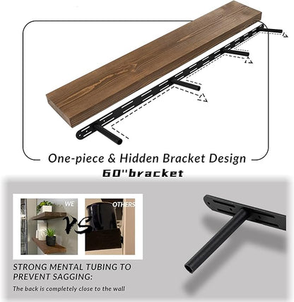 Walnut Floating Shelves 60 Inch Long 8-in Deep Set of 2, High End Real Solid Wood Floating Shelves for Wall,Suitable for Kitchen and Coffee Bar, with Sturdy Hidden Bracket