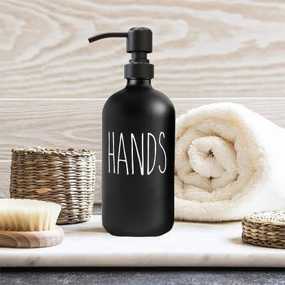 Sunrise Premium 16 OZ Thick Black Glass Soap Dispenser, Matte Black Stainless Steel Pump 2 Pack, Hand and Dish Soap Dispenser Set for Bathroom with 6 Waterproof Labels