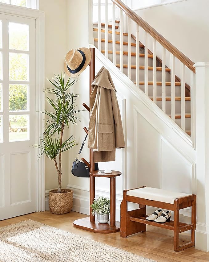 Pipishell Coat Rack, Freestanding Hall Tree with 8 Hooks & Storage Shelf, Solid Wood Base, 66.3″ Tall Coat Rack Stand for Coats, Hats, Bag in Entryway, Bedroom, Living Room, Brown, PIFCR11BN