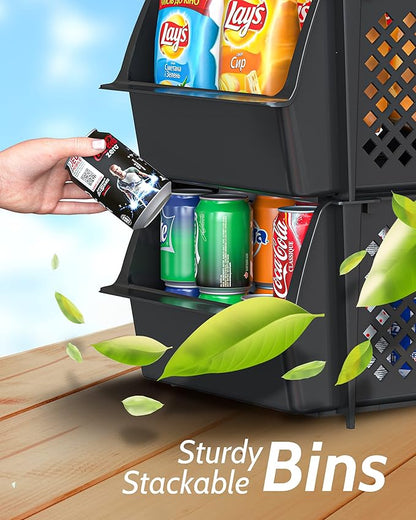 Skywin Stackable Storage Bins Open Front for Pantry Storage, 4 Pack - Black | Sturdy Plastic, Easy Stacking, Open Front Access, Ventilated Sides, Vertical & Space Saving Pantry Organizers and Storage Bin
