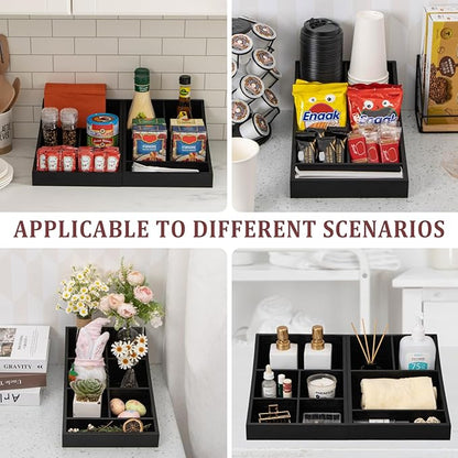 ANBOXIT Coffee Station Organizer for Countertop, Condiment Storage Caddy, Coffee Bar Supplies Organizer for Home, Office and Breakroom - Wooden, Black, 7 Compartment