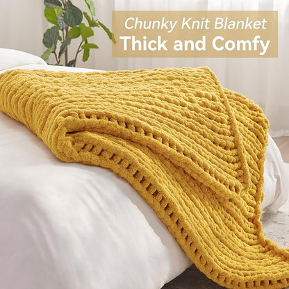 Negwoo Chunky Knit Throw Blanket, 60''*80'' Knitted Throw Chenille Yarn for Bed Couch, Handmade Yellow Crochet Big Thick Blanket, Machine Washable Cute Comfy Blanket for Home Decor
