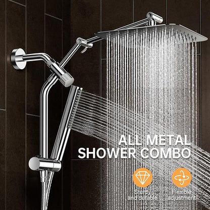 Veken All Metal 10" Shower Head with Handheld, Luxurious Square Double Rain Shower Heads with Spray Combo, Dual High Pressure Detachable Rainfall Showerhead with Extension Arm, Long Hose,Chrome,Sliver