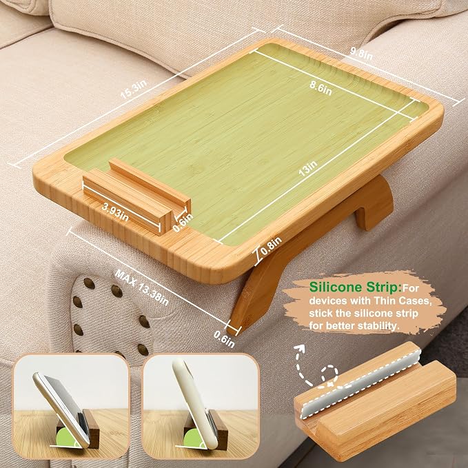 SINWANT Couch Arm Tray,Bamboo Sofa Clip on Side Table,Foldable Couch Armrest Table with 360°Rotating Phone Holder,Anti Slip Food Trays for Eating/Drinks/Snacks/Remotes 15.35" x 9.85"