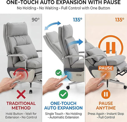 Dual Motor Executive Home Reclining Office Chair with Footrest - One-Click Electric Recline with Massage & Pillow Support Big and Tall PU Leather Ergonomic Desk Chair, High Back Wide Seat (Gray)