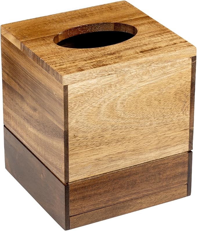MyGift Premium Dual Tone Solid Acacia Wood Square Bathroom Facial Tissue Box Dispenser Holder Cover with Slide-Out Bottom Panel, 5.5 x 5.5 x 6.3 Inches