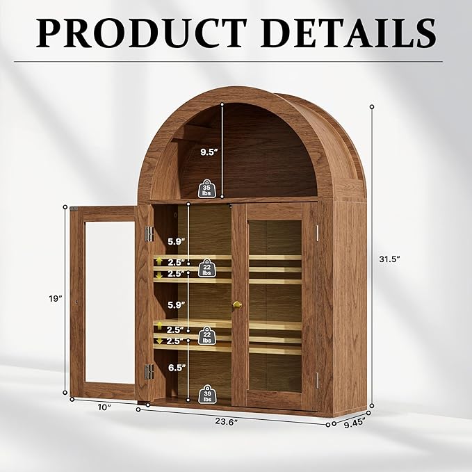 BREEZEHEAT Bathroom Medicine Cabinet Wall Mount-Over The Toilet Storage Cabinet-Arched Wall Cabinet with Glass Doors & Adjustable Shelves, Wood Cabinet for Laundry Room, Kitchen, Living Room, Walnut