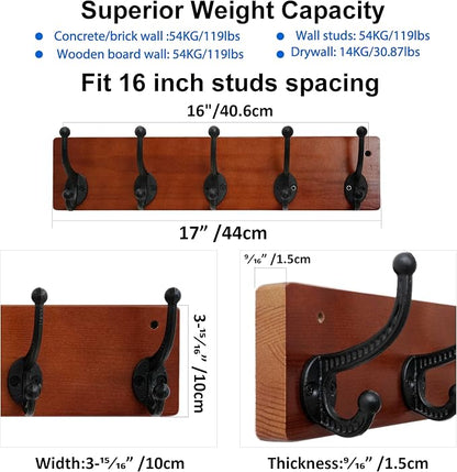 WEBI Rustic Coat Rack Wall Mount,5 Cast Iron Coat Hooks Wall Mounted,Heavy Duty Wood Wall Coat Hanger Hooks for Hanging Coats,Jacket,Clothes,Backpack,Farmhouse,Cherry,2 Packs