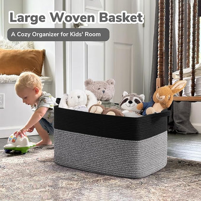 Goodpick Large Woven Blanket Basket 21.6" x 14.9" x 11.8" Storage Baskets for Organizing, Rectangle Baby Toy Bins for Kids Organizer Living Room Bedroom, Black & Gray