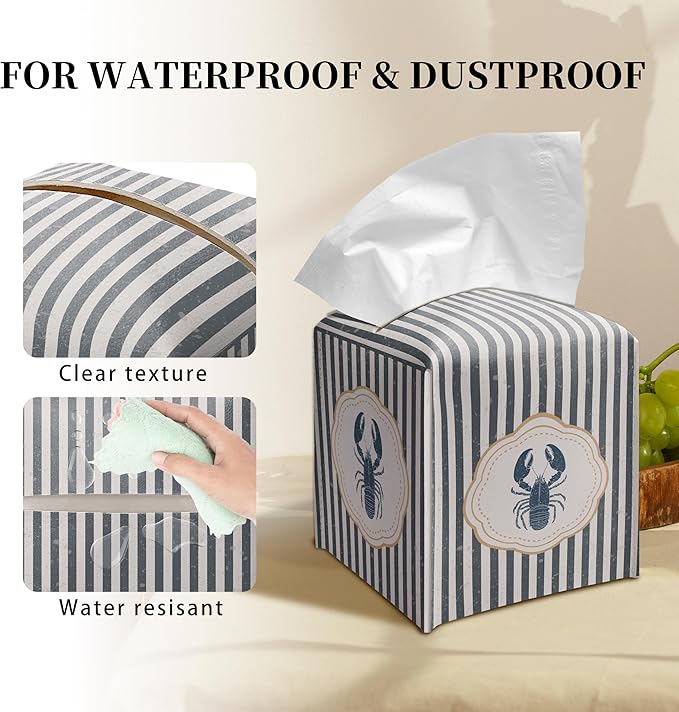 Grace Yonks Cute Coastal Lobster Tissue Box Cover Square, Kitchen Striped Cube Case for Facial Tissues, 5.2" PU Leather(070)