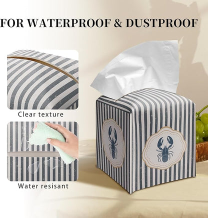 Grace Yonks Cute Coastal Lobster Tissue Box Cover Square, Kitchen Striped Cube Case for Facial Tissues, 5.2" PU Leather(070)