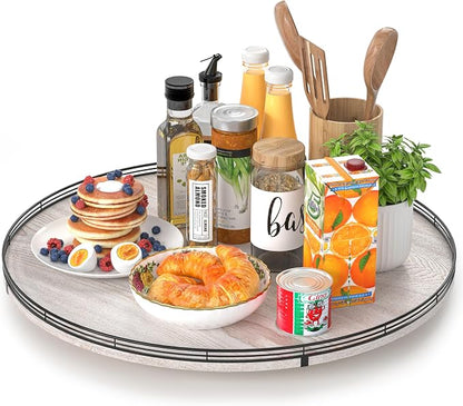 24" Lazy Susan Wood Turntable Organizer for Kitchen Decor, Farmhouse Round Wooden Larger Lazy Susan Organization and Storage for Cabinet, Dining Table, Bathroom, Countertop, Centerpiece,Whitewashed