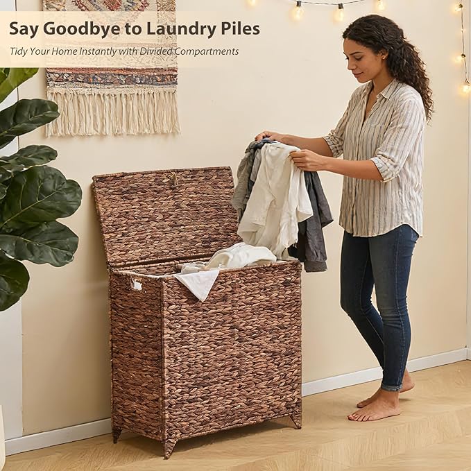 Large Laundry Hamper with Lid, Handwoven Natural Water Hyacinth Heightened Feet Laundry Basket, 2-Sections Wicker Clothes Hamper with Removable Liner Bag (Espresso, 120L)