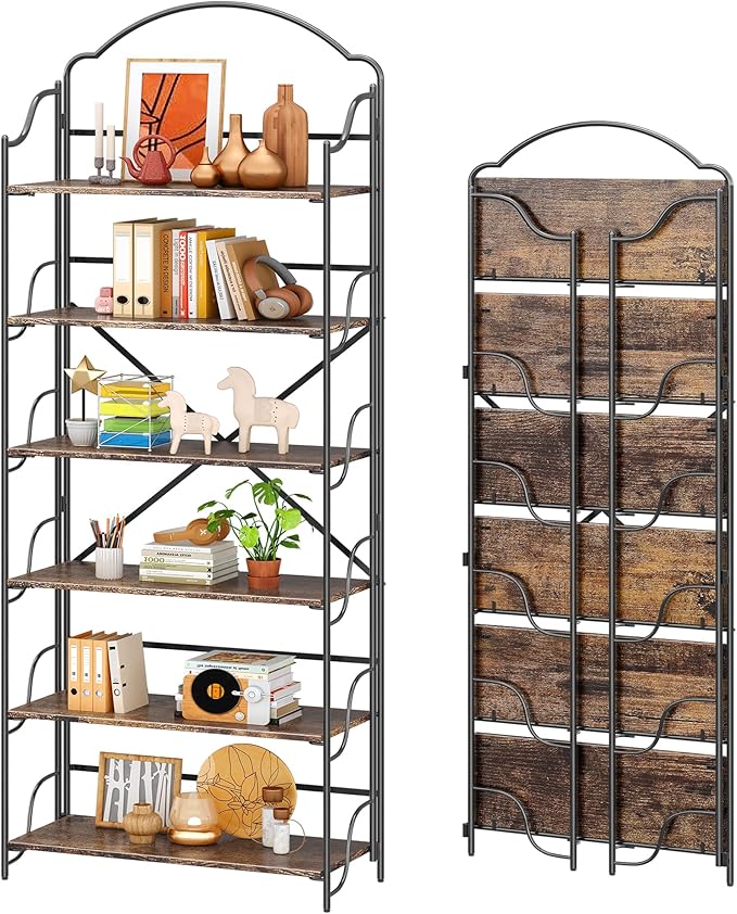 4NM No Assembly Folding Bookshelf for Living Room, 6 Tiers Collapsible Book Shelves Open Industrial Foldable Bookcase Storage Shelf for Home Office - Rustic Brown Black
