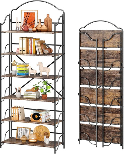 4NM No Assembly Folding Bookshelf for Living Room, 6 Tiers Collapsible Book Shelves Open Industrial Foldable Bookcase Storage Shelf for Home Office - Rustic Brown Black