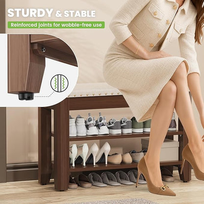 Shoe Bench for Entryway, Solid Rubberwood Shoe Bench with Hidden Storage, Adjustable 2-Tier Shelves & Soft PU Leather Seat, Shoe Rack Durable Easy Assembly for Hallway or Bedroom - Beige, 31.5"