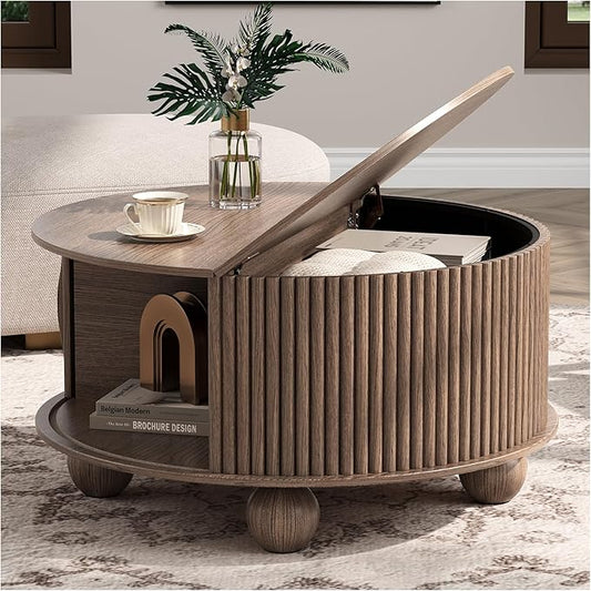 Round Coffee Table with Storage, 31.5" Mid Century Modern Coffee Table with Sliding Door & Bun Feet, Minimalist Fluted Center Table for Living Room, Home Small Space, Walnut