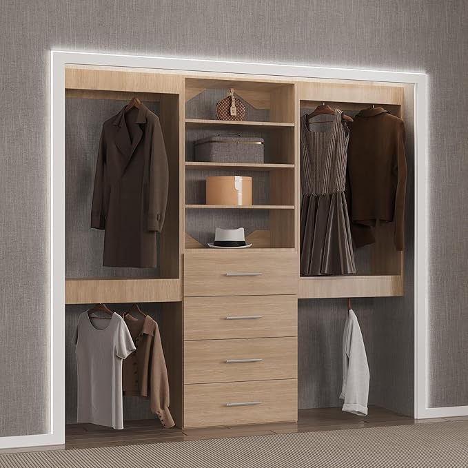 Modular Closet Organizer, 60" Wide, Hanging & Drawers, Wood Tower for Walk-In Closets, Wall-Mounted Wardrobe Organizer