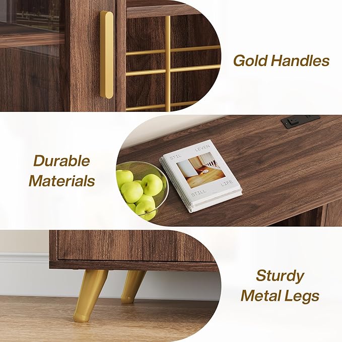 Bar Cabinet with Power Outlets, Modern Coffee Bar Sideboard with LED Light, Farmhouse Liquor Cabinet with Wine Rack, Glass Holder & Wine Storage, Walnut